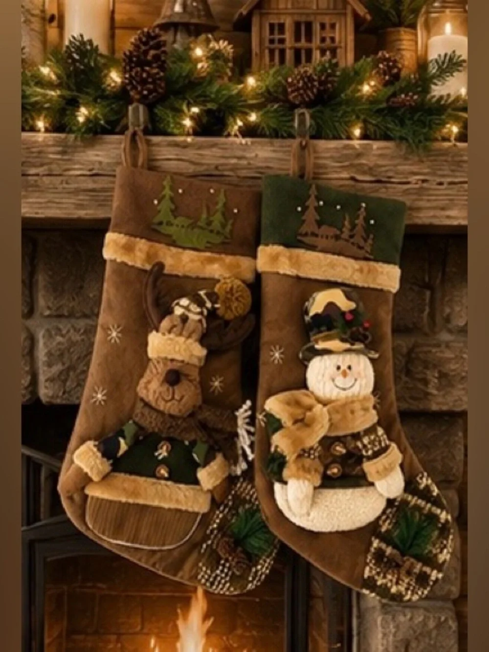 Handmade Rustic Artisan Christmas Stocking Set 2 Woodland Moose & Snowman Luxury